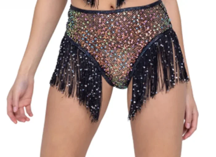 Sequin Fishnet High Waisted Shorts with Fringe Detail – Black –