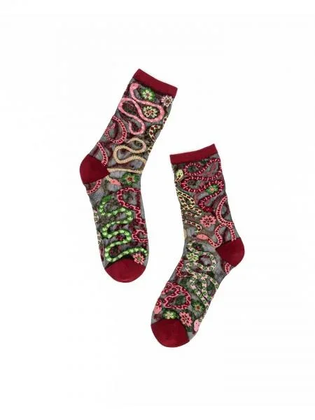 Serpentine Floral Black Sheer Crew Sock – US W10-14/US M8-12