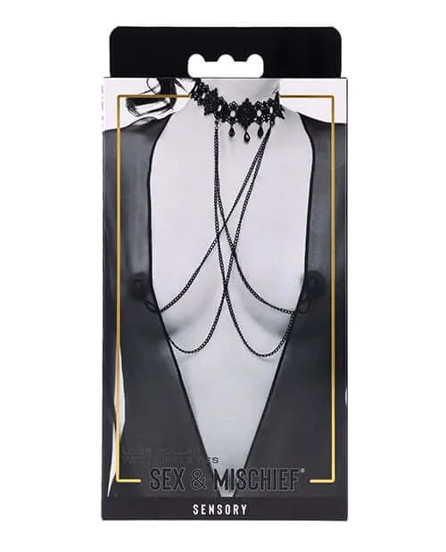 Sex & Mischief Lace Collar with Nipple Ties – Black
