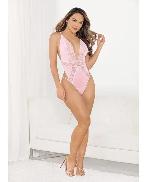 Sexy Lace Deep V Teddy with bow Pink