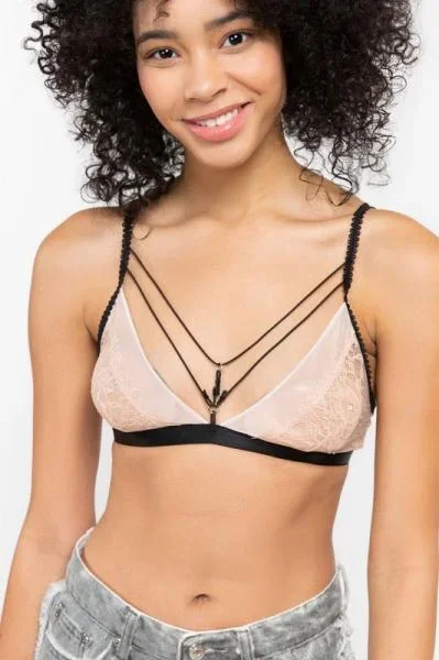 Sheer Lace Strappy Bralette – Pink/Black –