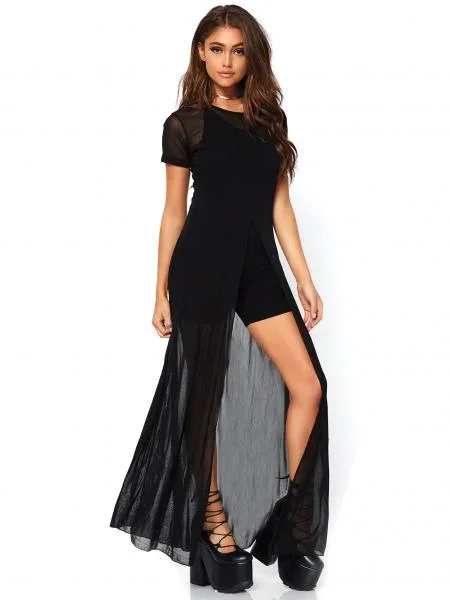 Sheer Mesh High Slit Long Dress – Black –