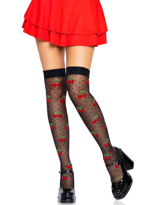 Sheer Polka Dot Cherry Thigh Highs – One Size – Black/red