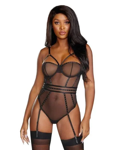 Sheer Stretch Mesh Underwire Studded Teddy – Black –