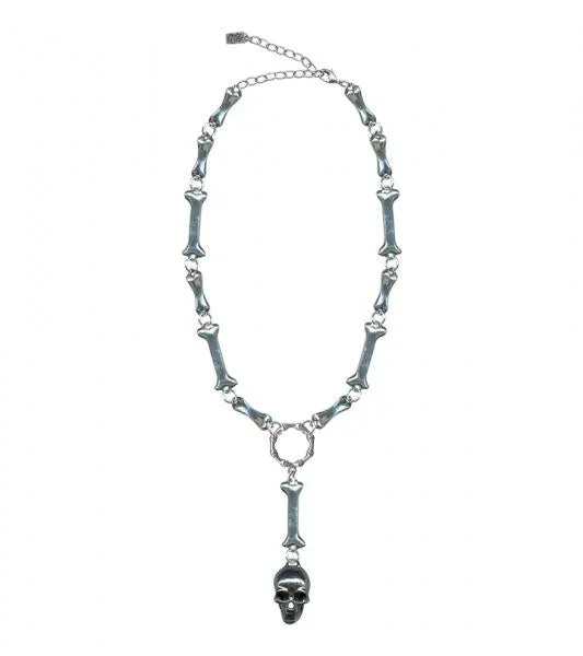 Silver Bone Link Skull Drop Necklace
