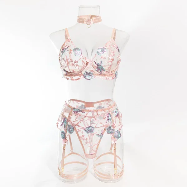 Size M Pink Elegant Floral Embroidered Sheer 5 Piece Lingerie Set Bra Thong Garter Belt Choker & Thigh Straps Other Erotic Clothing