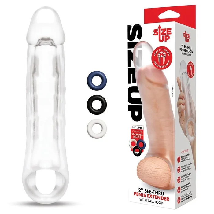 Size Up 2 Inch See-Thru Penis Extender with Ball Loop – Clear 5 cm (2”) Penis Extension Sleeve