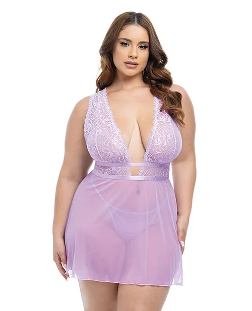 Stassi Lace & Mesh Babydoll w/G-String 2 pc Set – Lavender 1X/2X