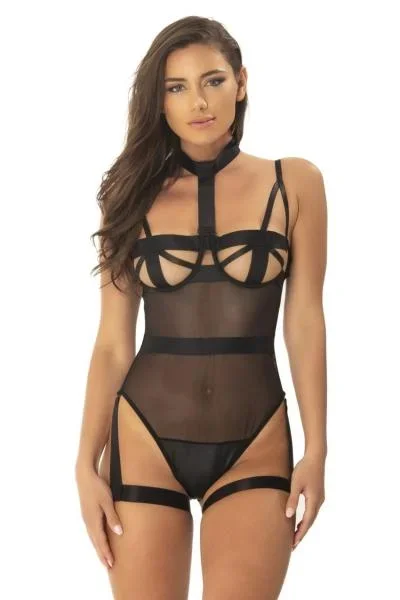 Strappy Teddy with Removable Harness and Garter Stays – Black –
