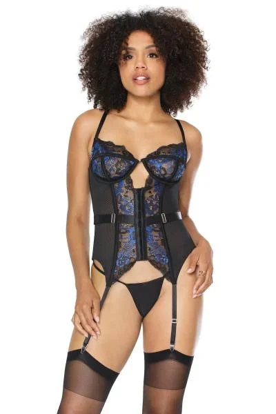 Stretch Net/Scallop Lace Bustier – Black/Blue –
