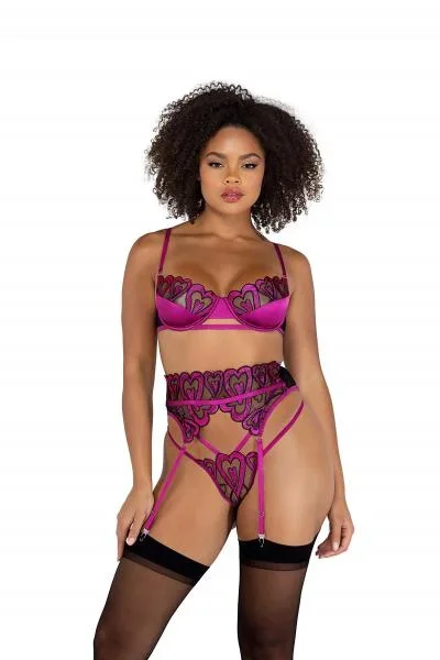 Sweetheart Gartered Bra Set – Pink/Black –