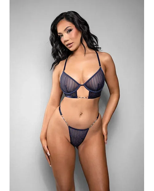 Temptress Celeste Sheer Striped Rhinestone Mesh Bra w/G-String 2 pc Set – Navy L/XL