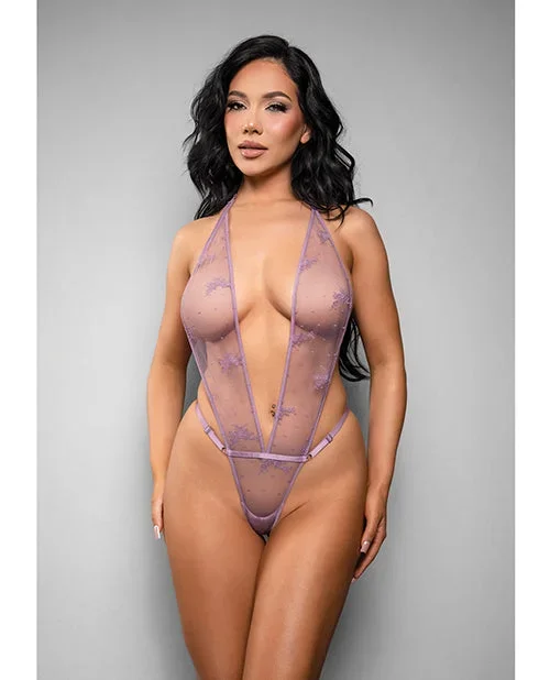 Temptress Gisele Sheer Floral Mesh Open Back Teddy – Lavender S/M