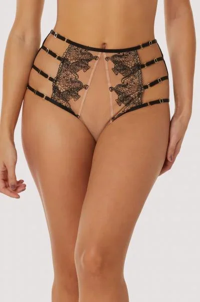 Tiger Embroidered Mesh High Waisted Brief – Peach/Black –
