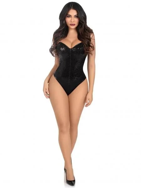 Two Piece Sequin Boned Snap Crotch Bodysuit – Black –