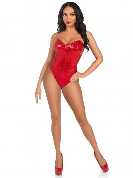 Two Piece Sequin Boned Snap Crotch Bodysuit – Red –