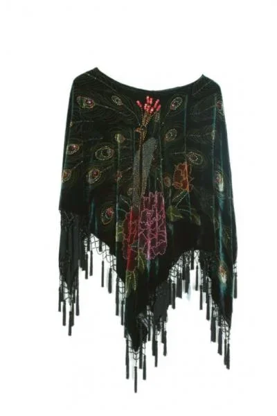 Velvet Peacock Poncho with Beads – Black – One Size