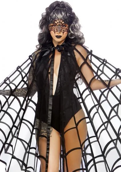 Velvet Spider Web Cape Costume Poncho – Black – One Size