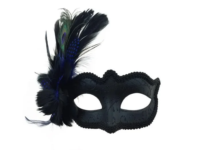 Venetian Black Mask with Peacock + Blue/Black Feathers