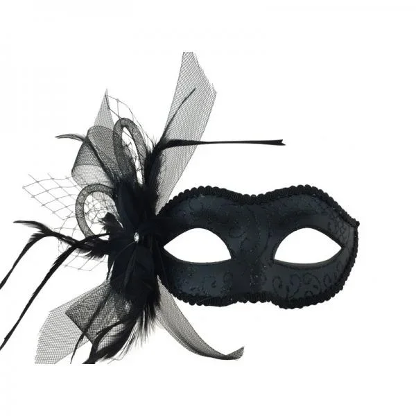 Venetian Mask with Feathers – Black