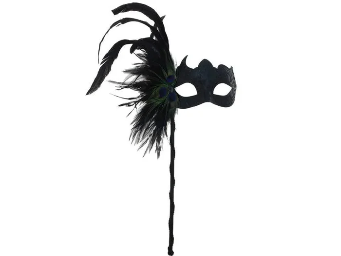 Venetian Mask with Feathers Aside on a Stick – Black