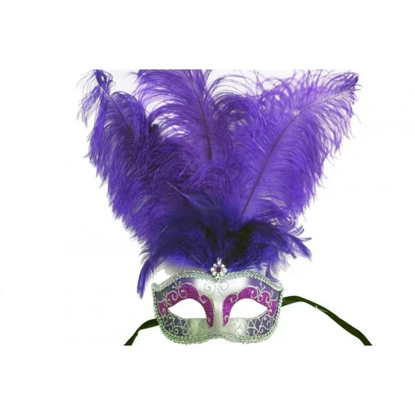 Venetian Mask with Feathers Atop – Purple/Silver