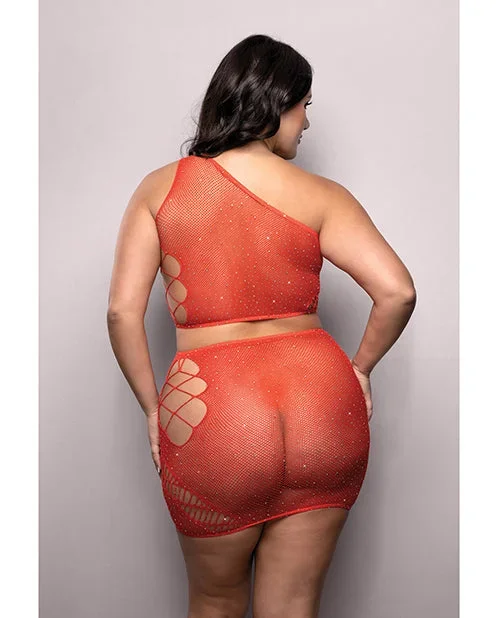 Vixen Set The Tone Rhinestone Knit One Shoulder Top w/Skirt 2 pc Set – Red QN