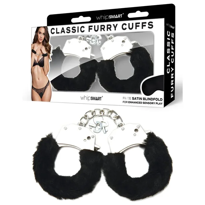 WhipSmart Classic Furry Cuffs – Black – Black Furry Restraints with Bonus Eye Mask