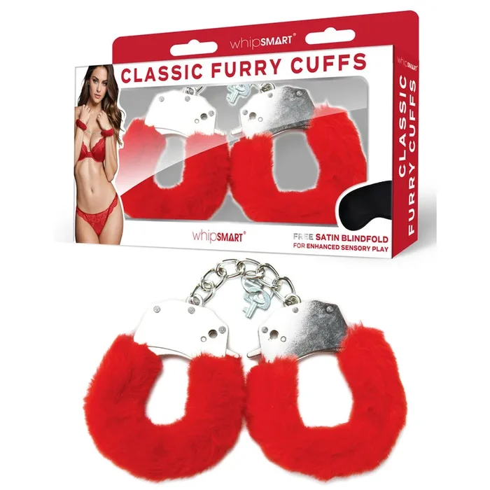 WhipSmart Classic Furry Cuffs – Red – Red Furry Restraints with Bonus Eye Mask