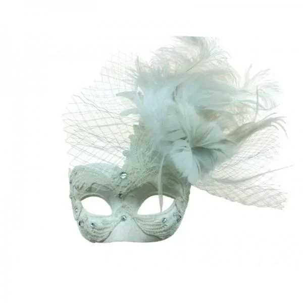 White – Lace Mask with Feather Aside
