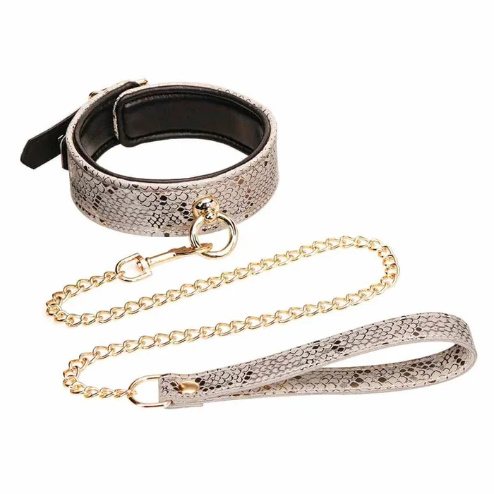 White Microfiber Snake Print Collar and Leash with Leather Lining
