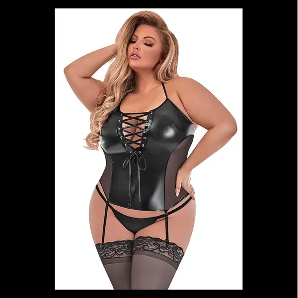 Wicked Ways Lace Up Merry Widow & G-Set Black Plus