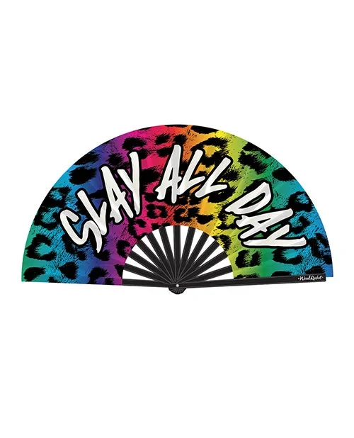 Wood Rocket Slay All Day Rainbow Leopard Folding Hand Fan