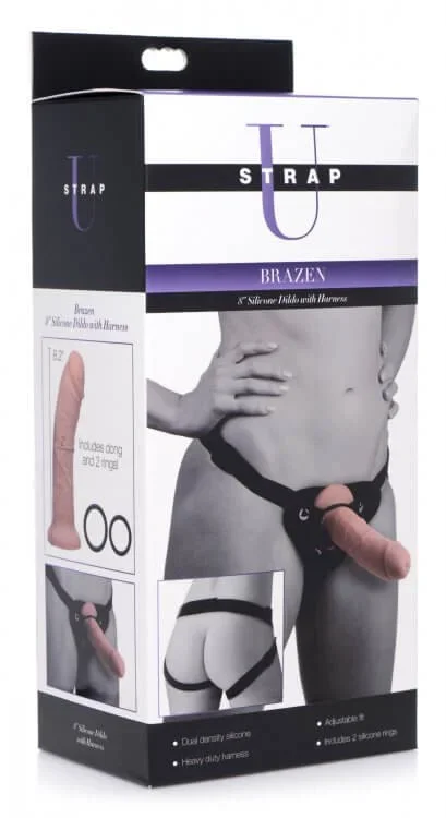 XR Brands Strap U Brazen 8-Inch Silicone Dildo with Harness | Premium Dual Density Dong and Adjustable Strap-On Set