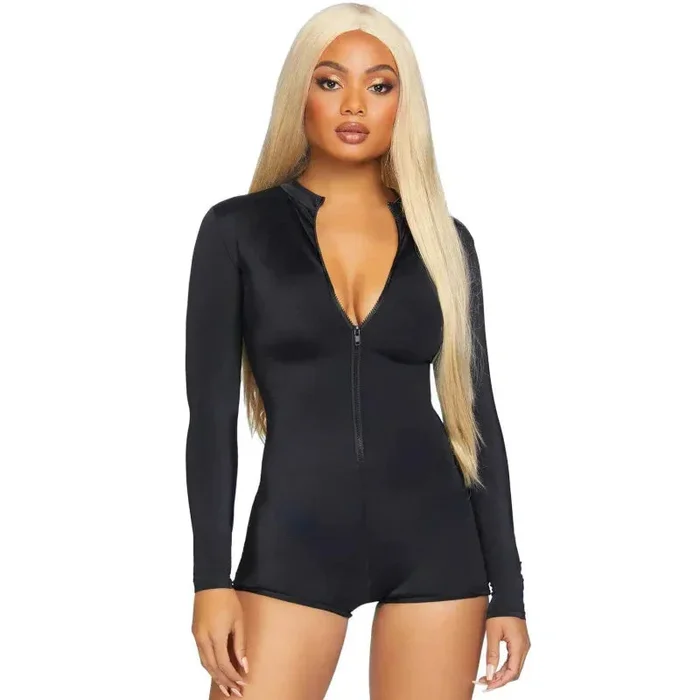 Zipper Front Long Sleeved Matte Romper – Small – Black